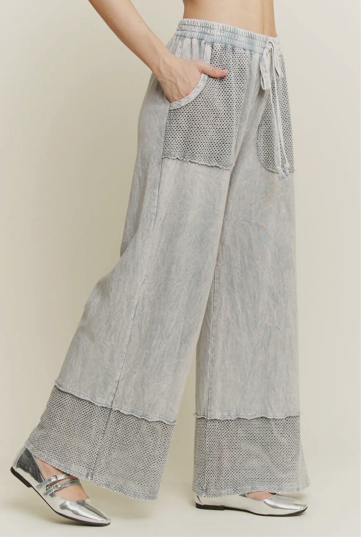 J. Her mesh acid wash pant silver grey.