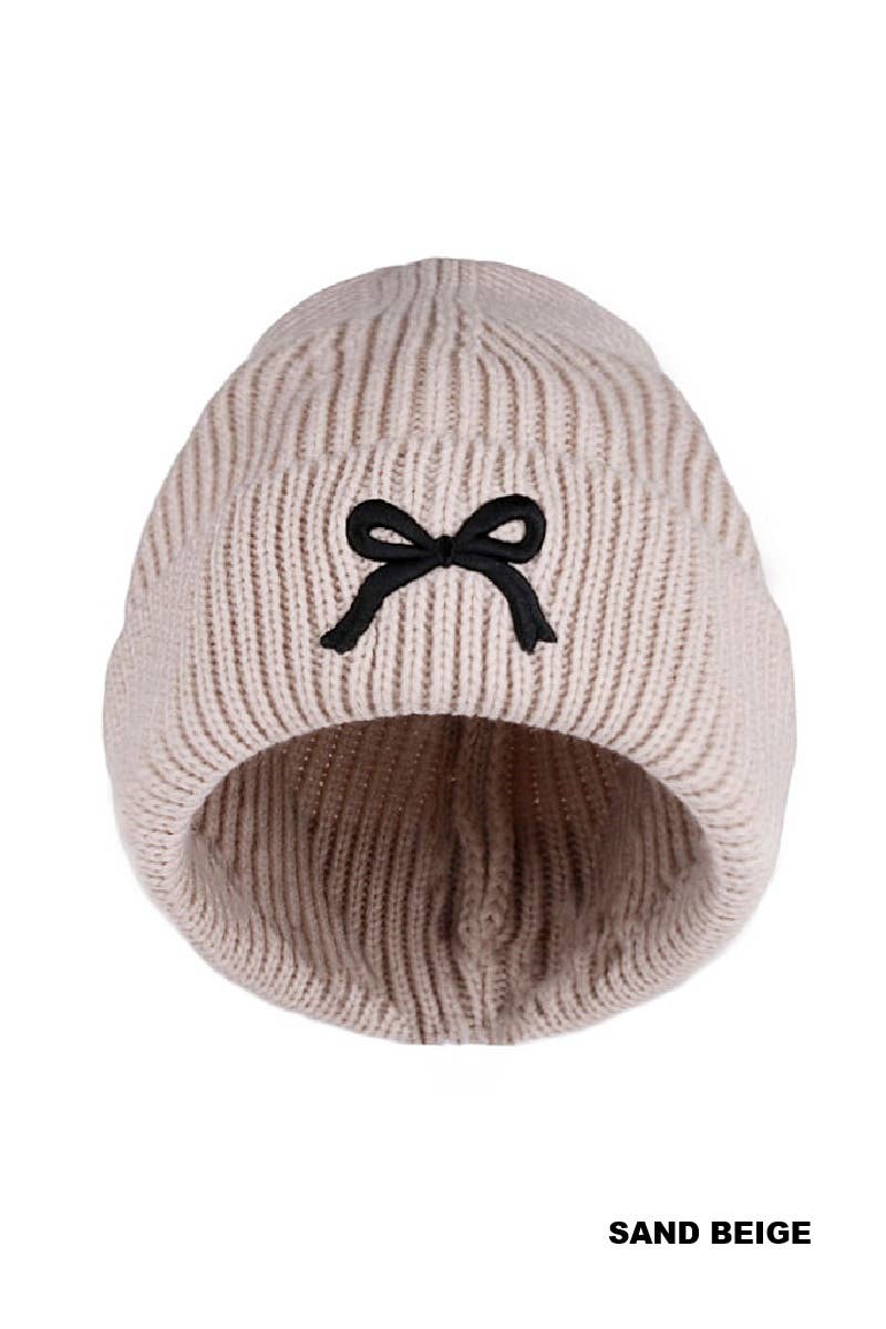 Black Bow Embroidered Cuff Beanie