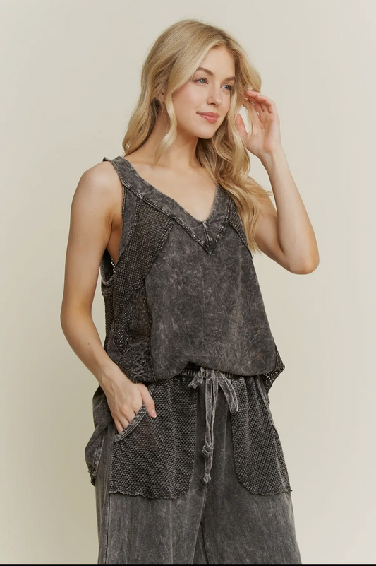 J. Her ash black mineral washed lace mesh racerback Tank