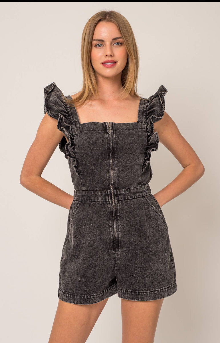 GILLI RUFFLE DENIM ROMPER