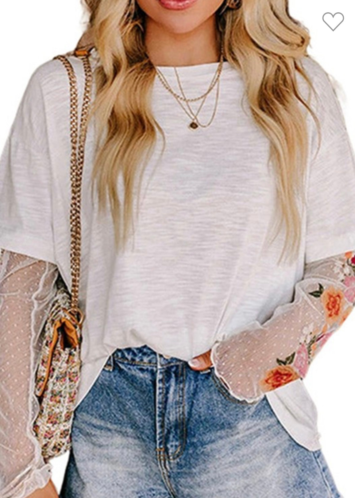 White T-shirt with floral sheer sleeves