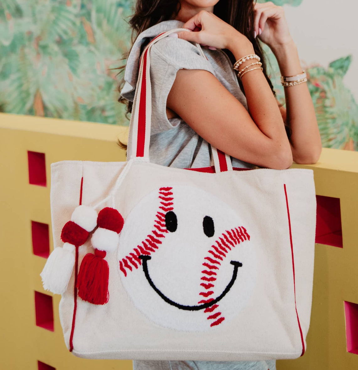 Baseball Oversized Happy Face Tote Bag for Women