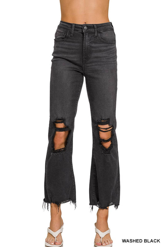 Zenana Black Washed Distressed Knee And Hem Pants