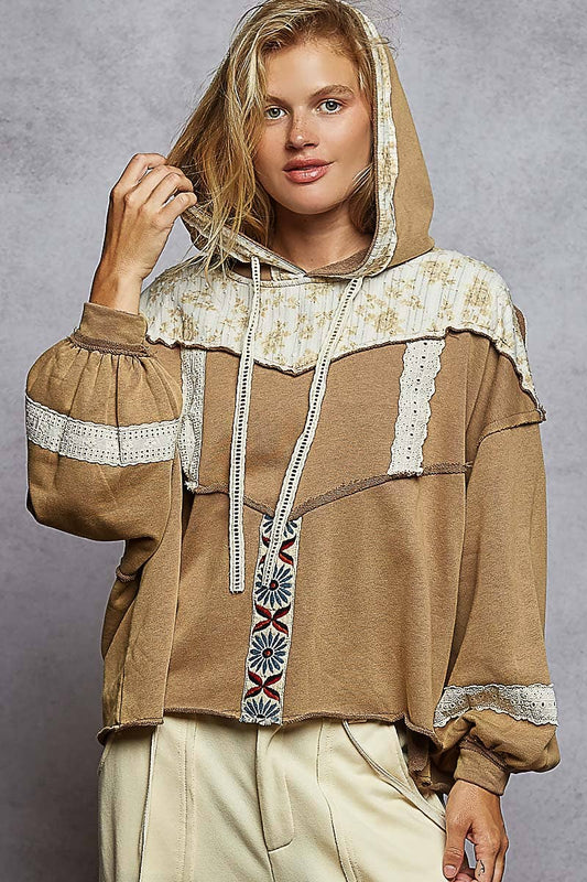 POL French floral terry gauze print patch trim hoodie