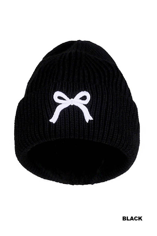Black Bow Embroidered Cuff Beanie