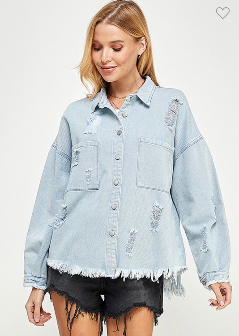 Distressed Light Denim Shacket