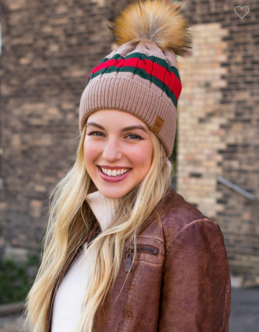 Tan Red &Green Stripe Beanie
