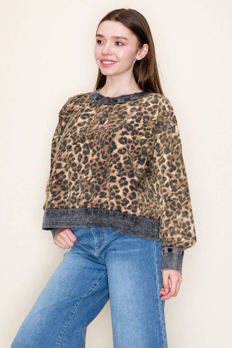 White Birch Long Sleeve Leopard Print Knit Top