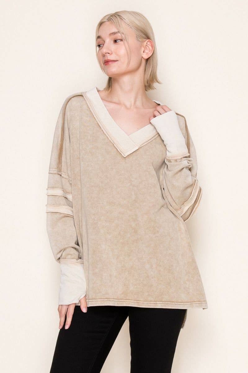 White Birch V-Neck Taupe mineral washed long sleeve
