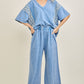 Mineral Washed Flower Daisy Trim Vneck Blouse top HT6747