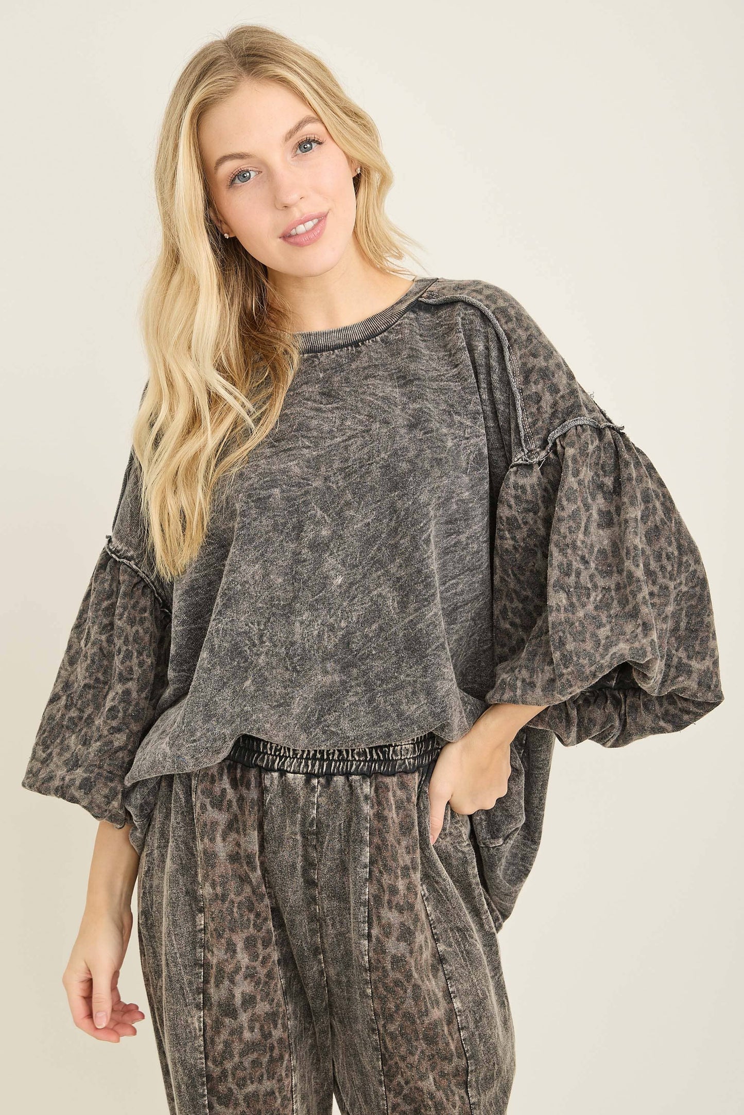 J her Mineral Washed Cheetah Puff Sleeve Fall Blouse