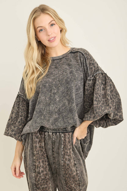 J her Mineral Washed Cheetah Puff Sleeve Fall Blouse