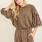 J her Mineral Washed Cheetah Puff Sleeve Fall Blouse brown