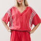 Mineral Washed Flower Daisy Trim Vneck Blouse top HT6747