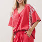 Mineral Washed Flower Daisy Trim Vneck Blouse top HT6747