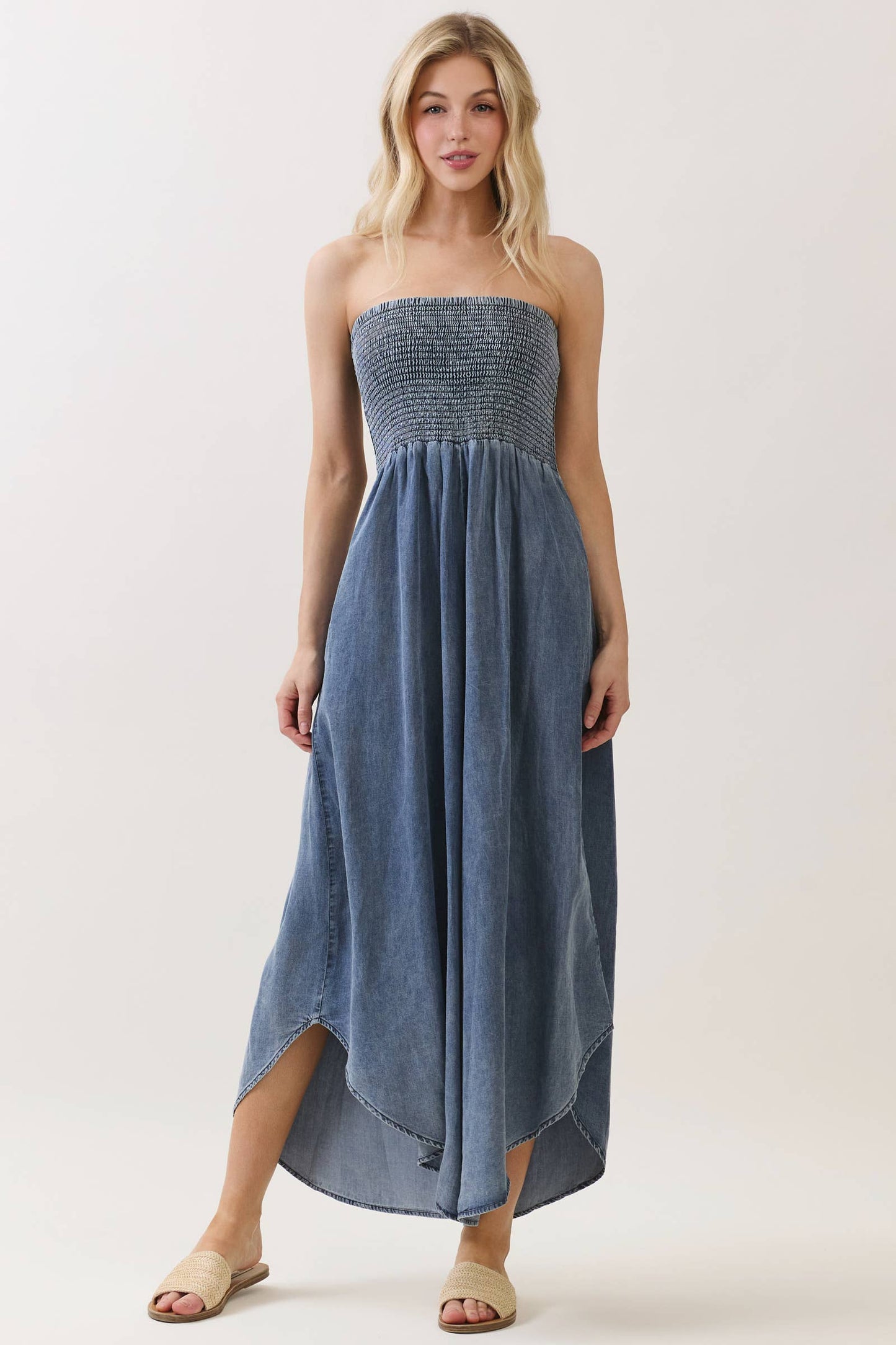 TENCEL SMOCKED ROUND HEM JUMPSUIT - VJU60429P