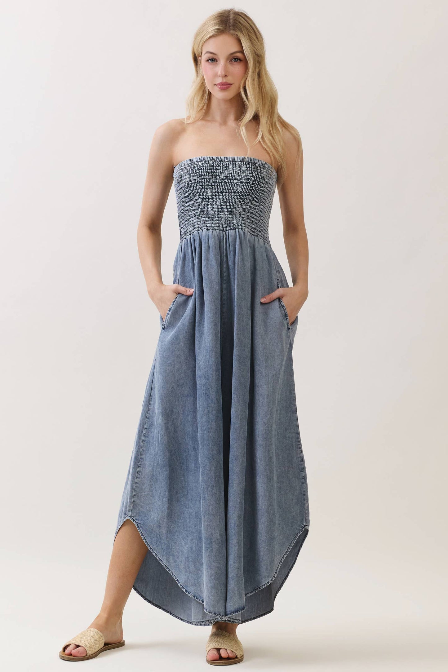 TENCEL SMOCKED ROUND HEM JUMPSUIT - VJU60429P