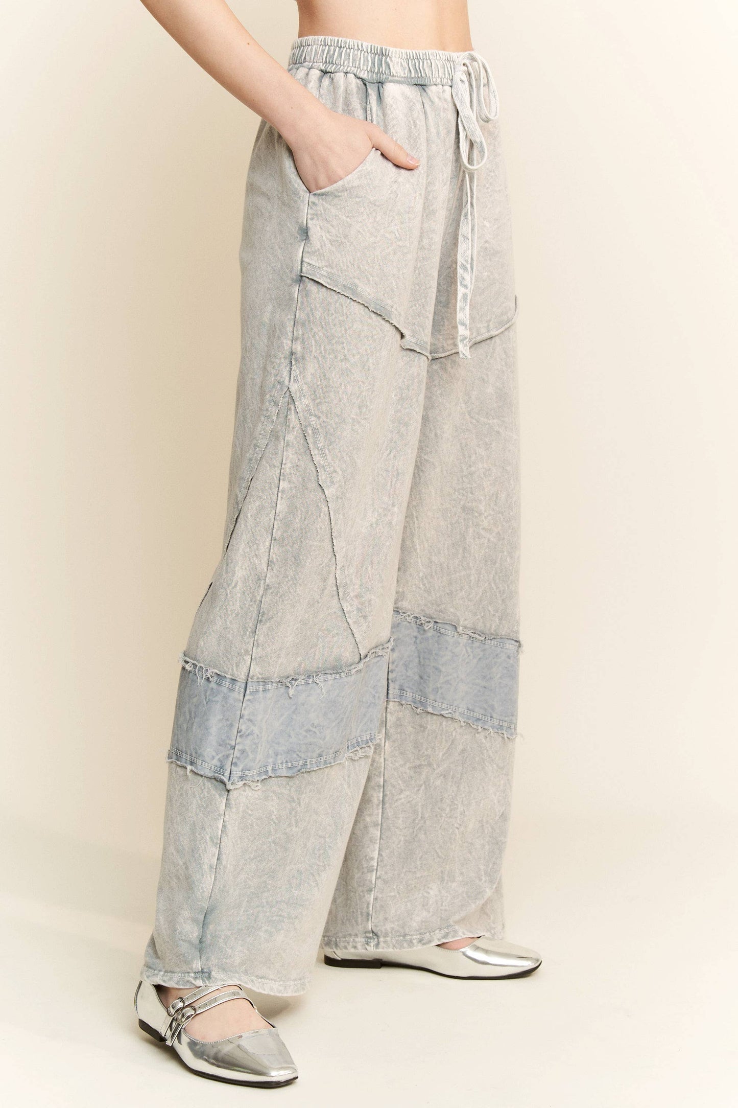 J. HER Mineral Washed Denim patched Wide Leg Pants