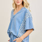 Mineral Washed Flower Daisy Trim Vneck Blouse top HT6747