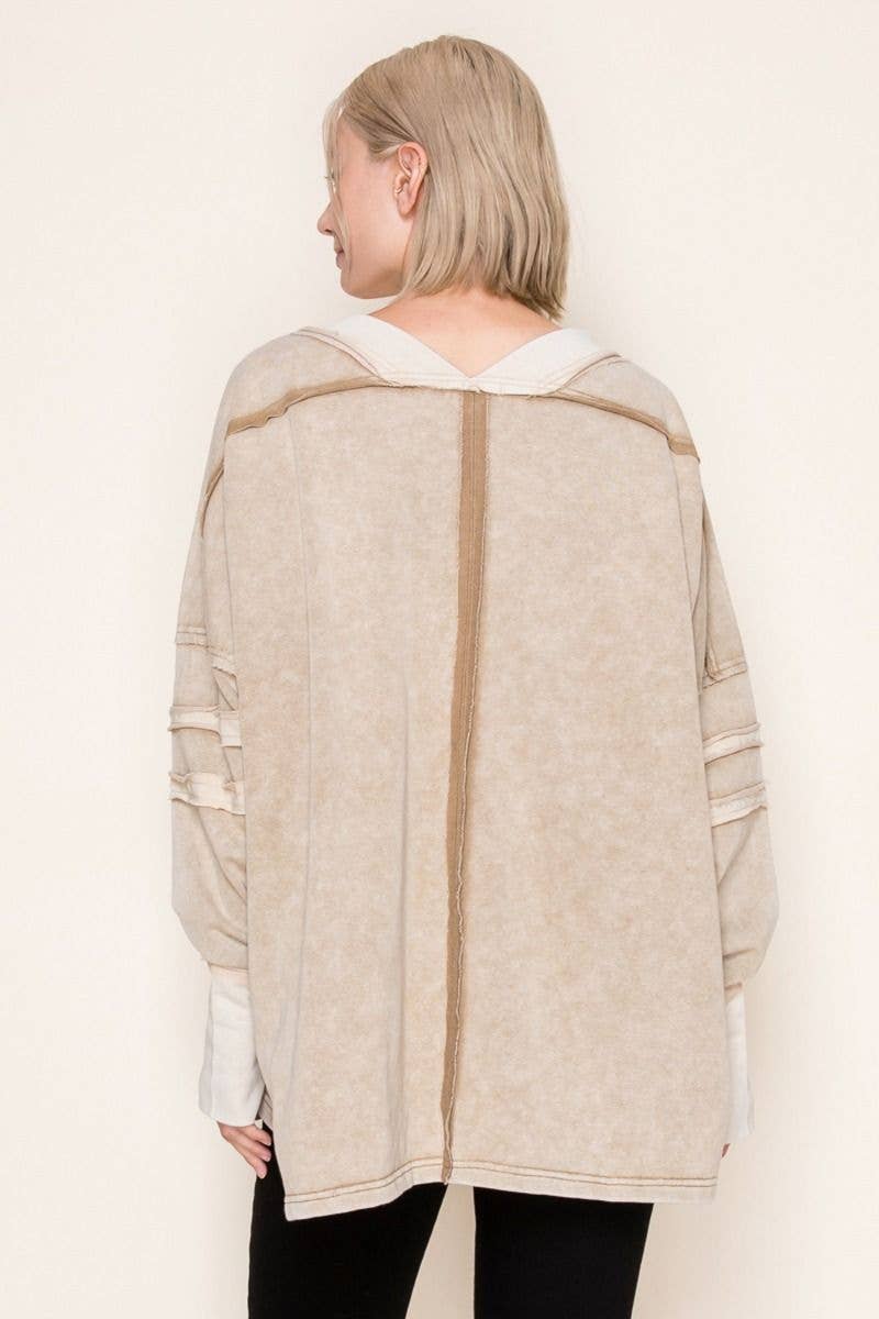 White Birch V-Neck Taupe mineral washed long sleeve