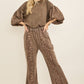 J her Mineral Washed Cheetah Puff Sleeve Fall Blouse brown