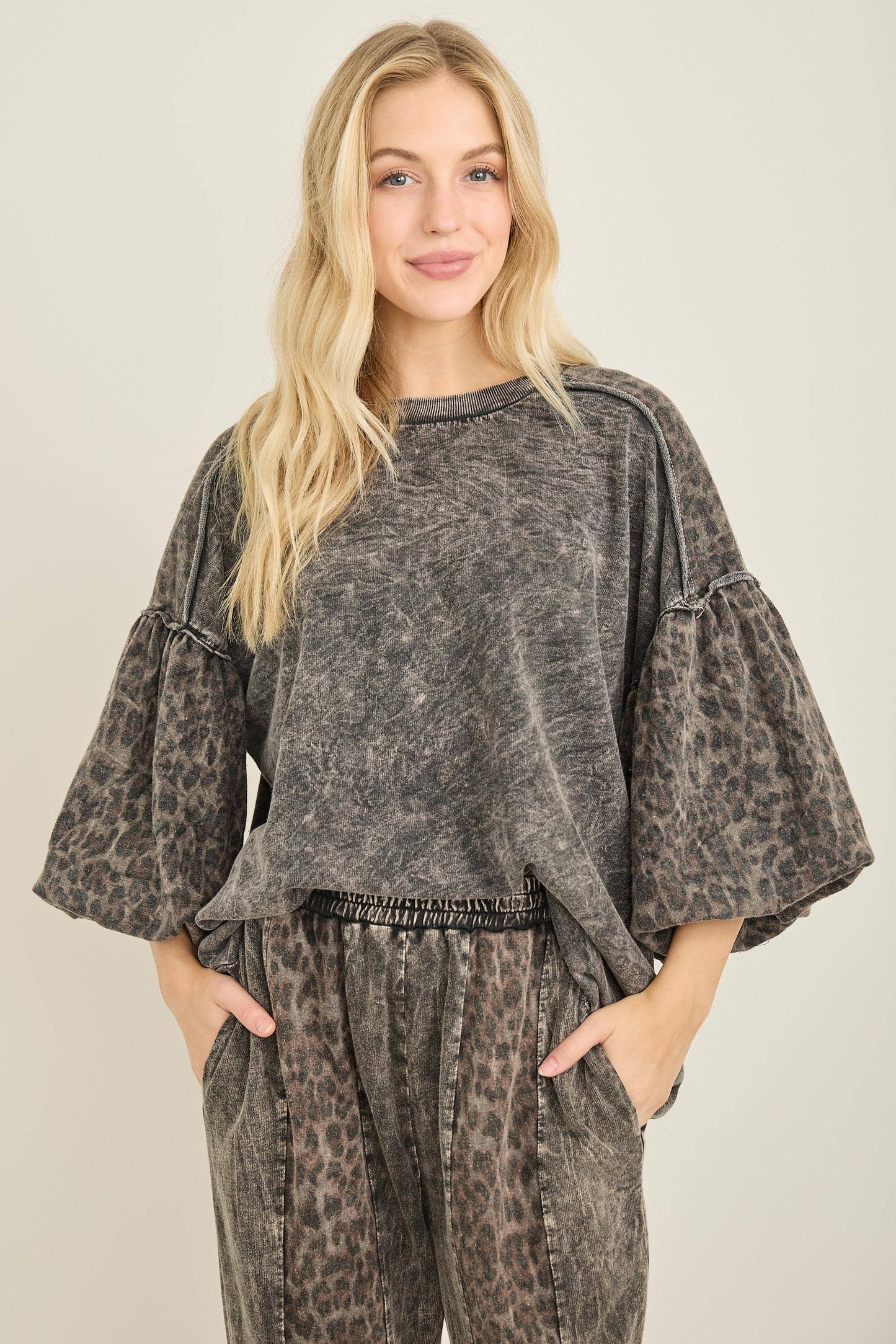 J her Mineral Washed Cheetah Puff Sleeve Fall Blouse