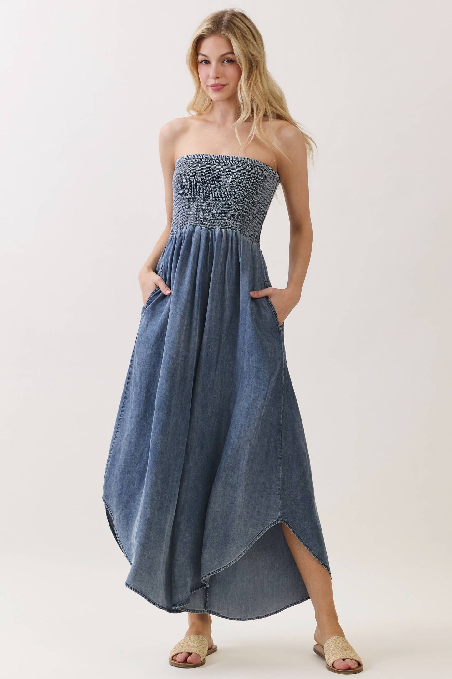 TENCEL SMOCKED ROUND HEM JUMPSUIT - VJU60429P