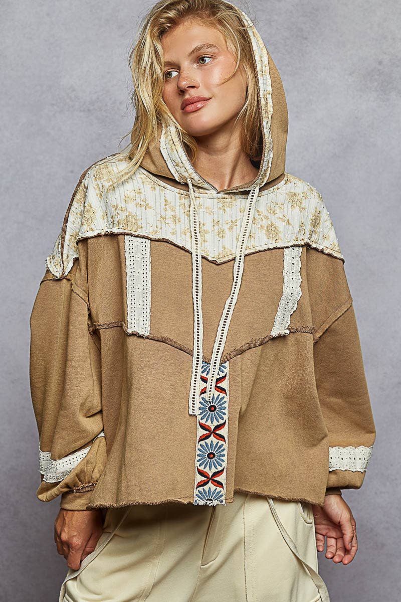 POL French floral terry gauze print patch trim hoodie