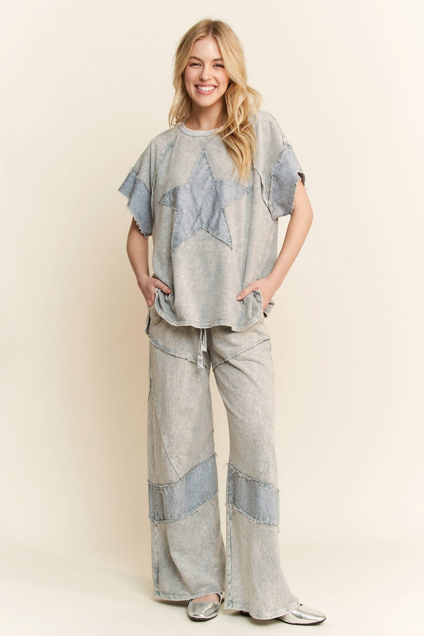 J. HER Mineral Washed Denim patched Wide Leg Pants