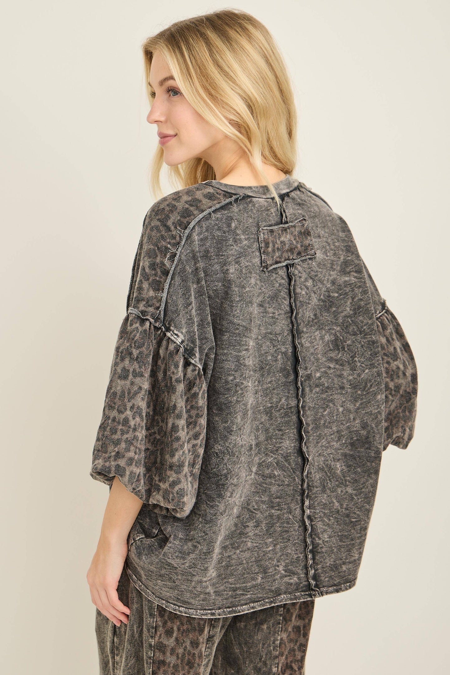 J her Mineral Washed Cheetah Puff Sleeve Fall Blouse