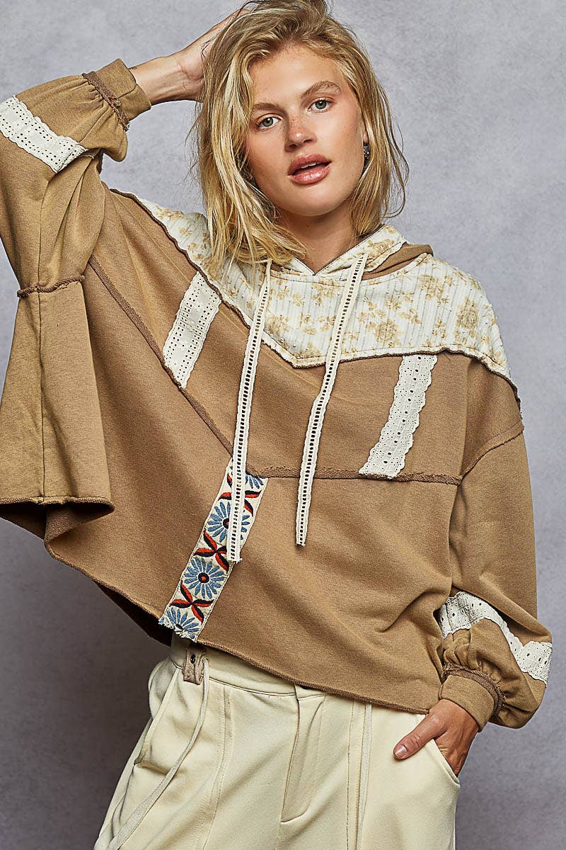 POL French floral terry gauze print patch trim hoodie