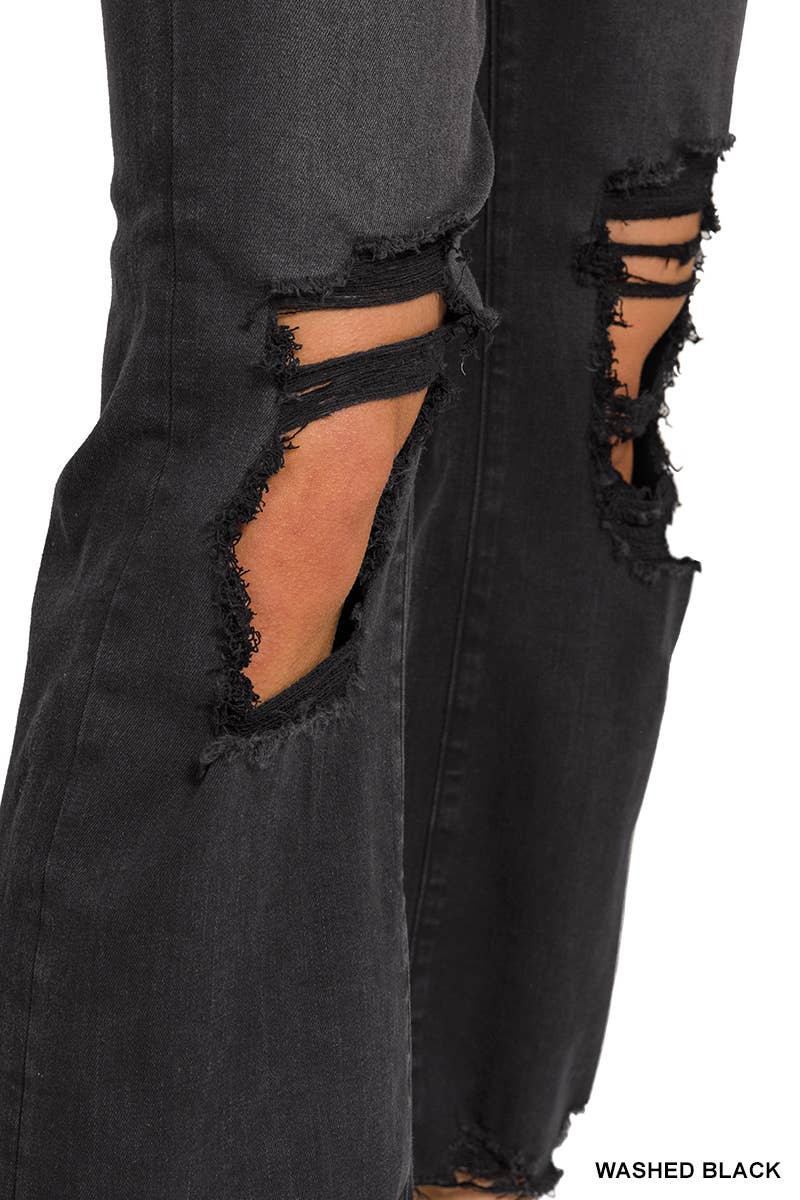 Zenana Black Washed Distressed Knee And Hem Pants