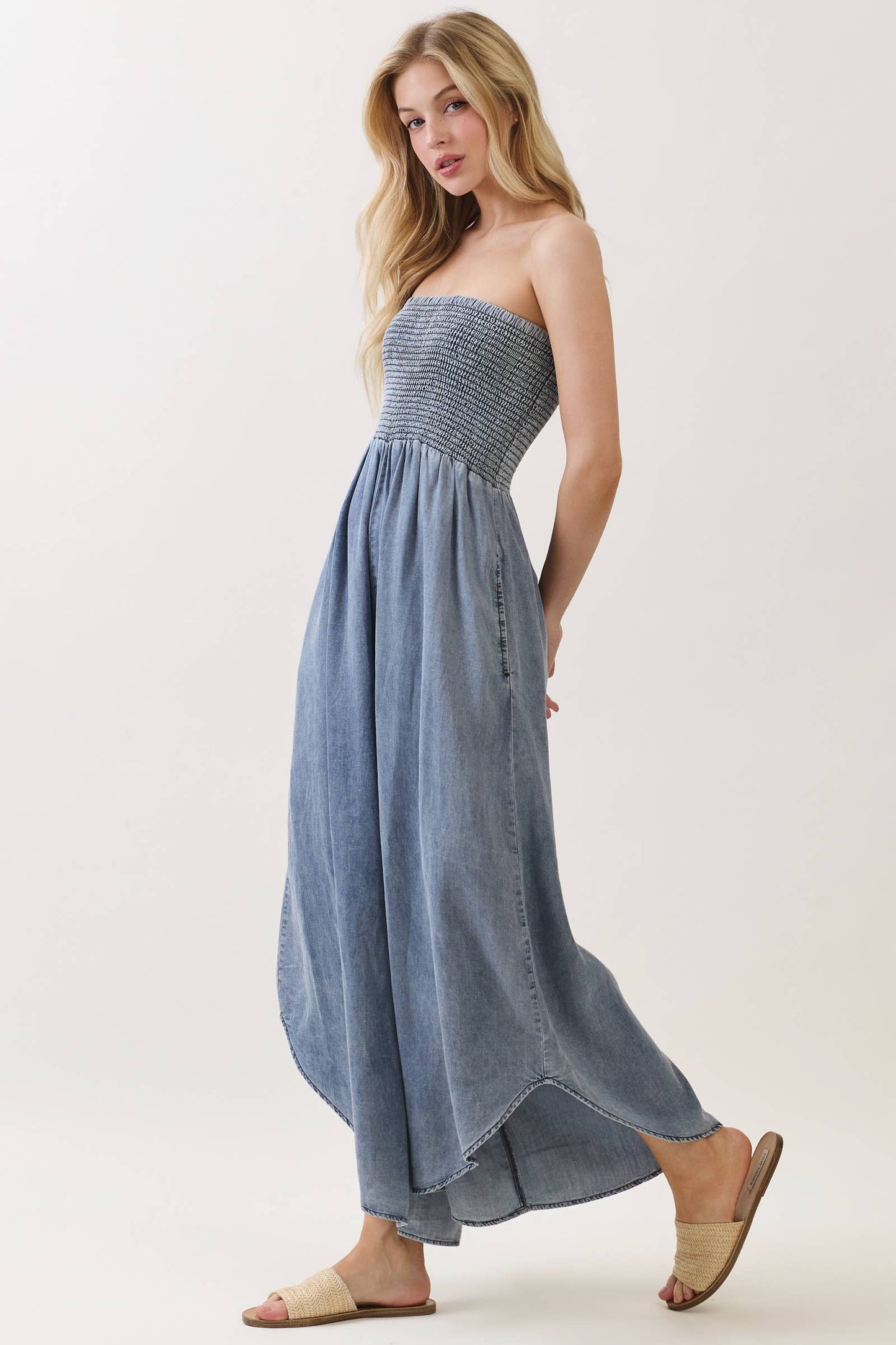 TENCEL SMOCKED ROUND HEM JUMPSUIT - VJU60429P