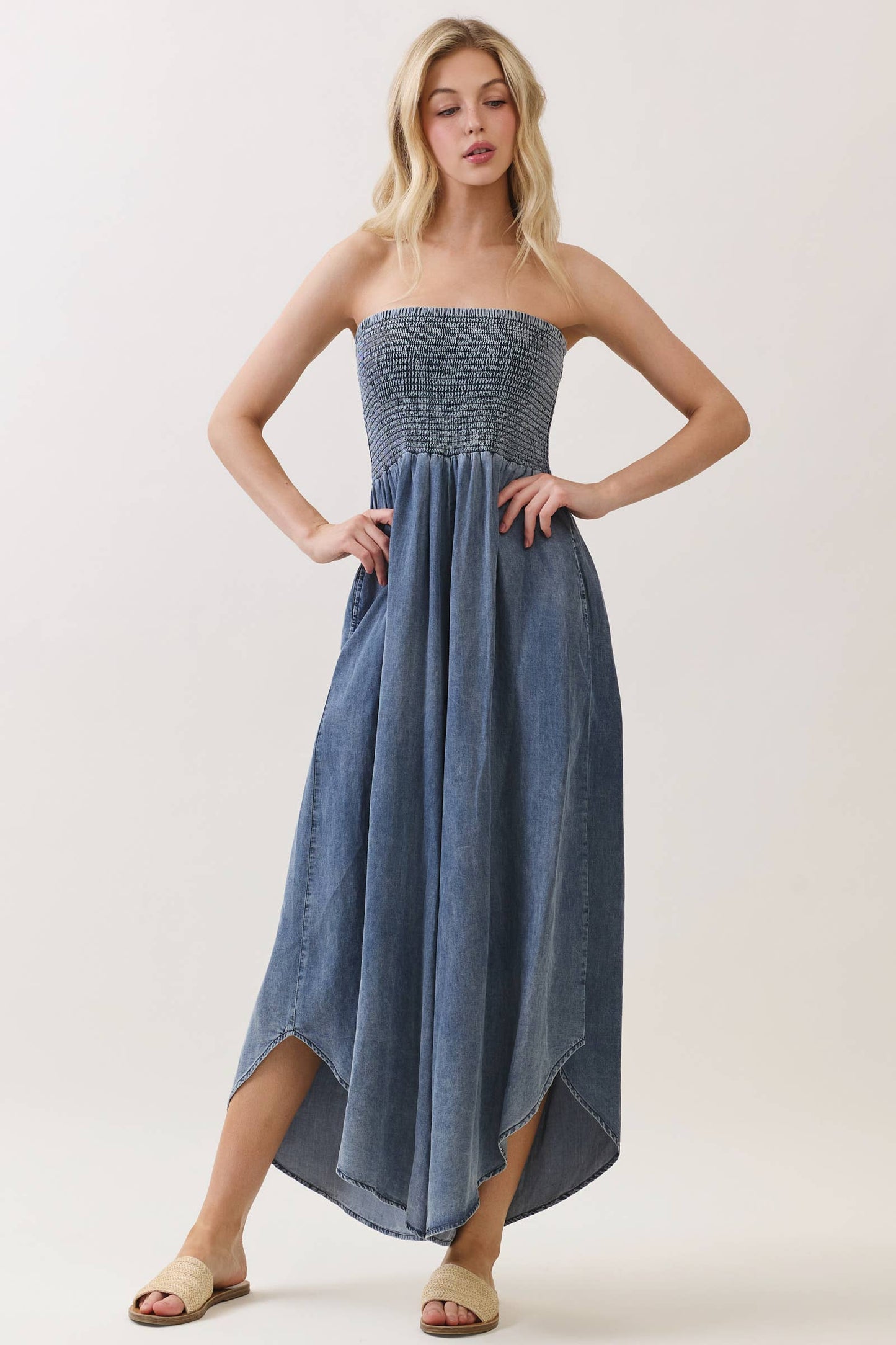 TENCEL SMOCKED ROUND HEM JUMPSUIT - VJU60429P