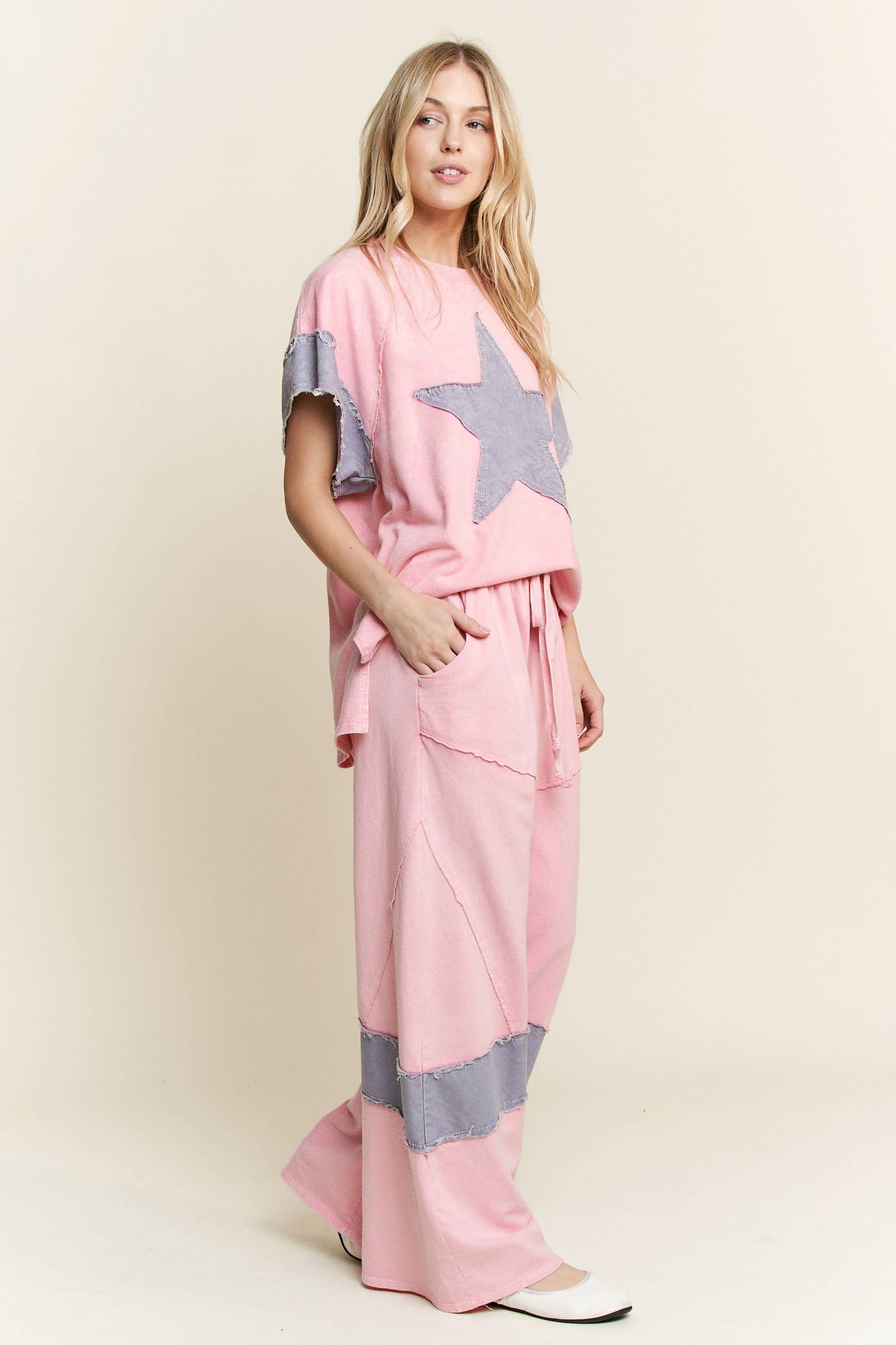 J. HER Mineral Washed Denim patched Wide Leg Pants