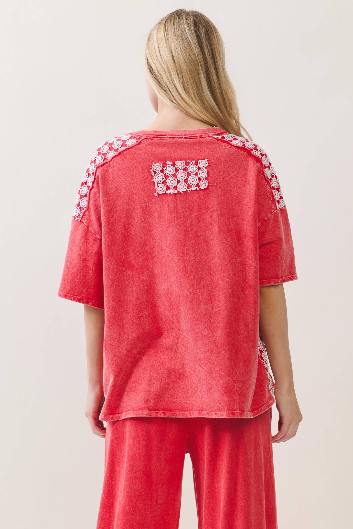 Mineral Washed Flower Daisy Trim Vneck Blouse top HT6747