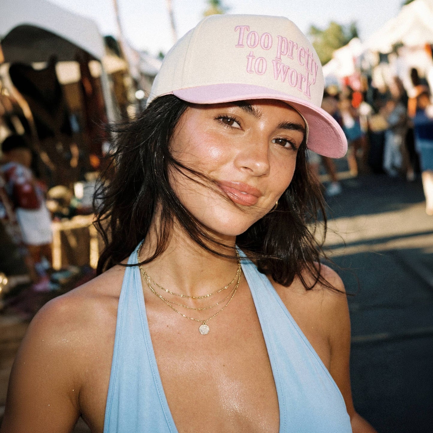 C.C TOO PRETTY TO WORK Letter on Two Tone Trucker Hat