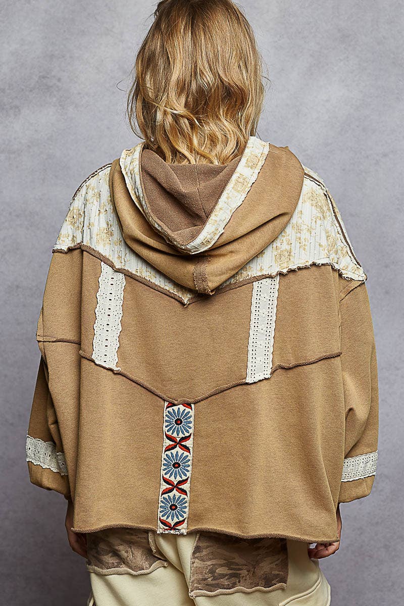 POL French floral terry gauze print patch trim hoodie