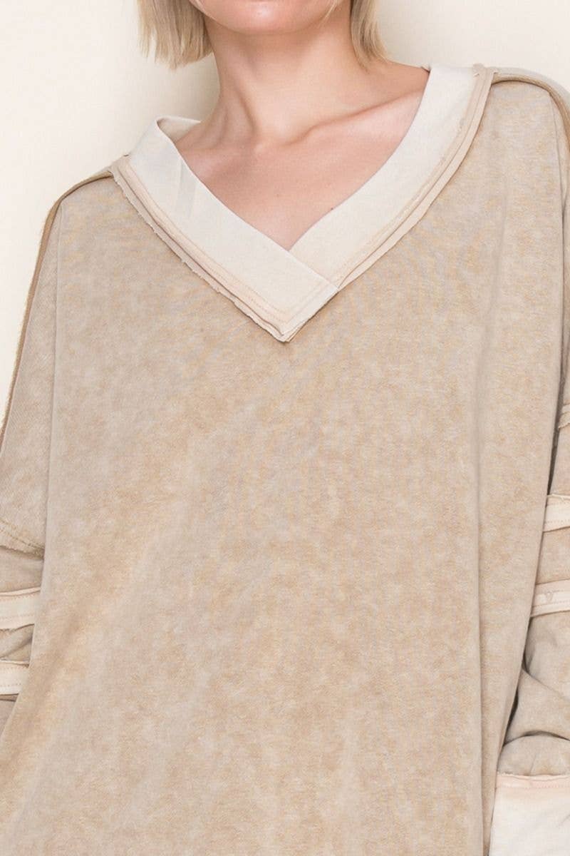 White Birch V-Neck Taupe mineral washed long sleeve