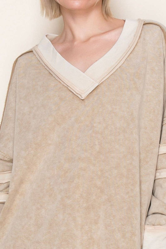 White Birch V-Neck Taupe mineral washed long sleeve