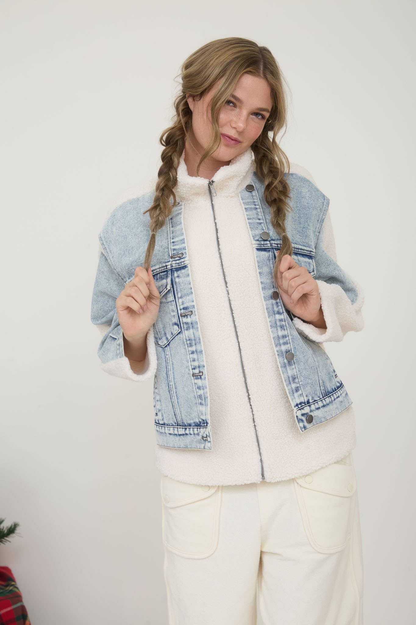 J.O.A TEDDY AND DENIM MIXED MEDIA ZIP-UP JACKET
