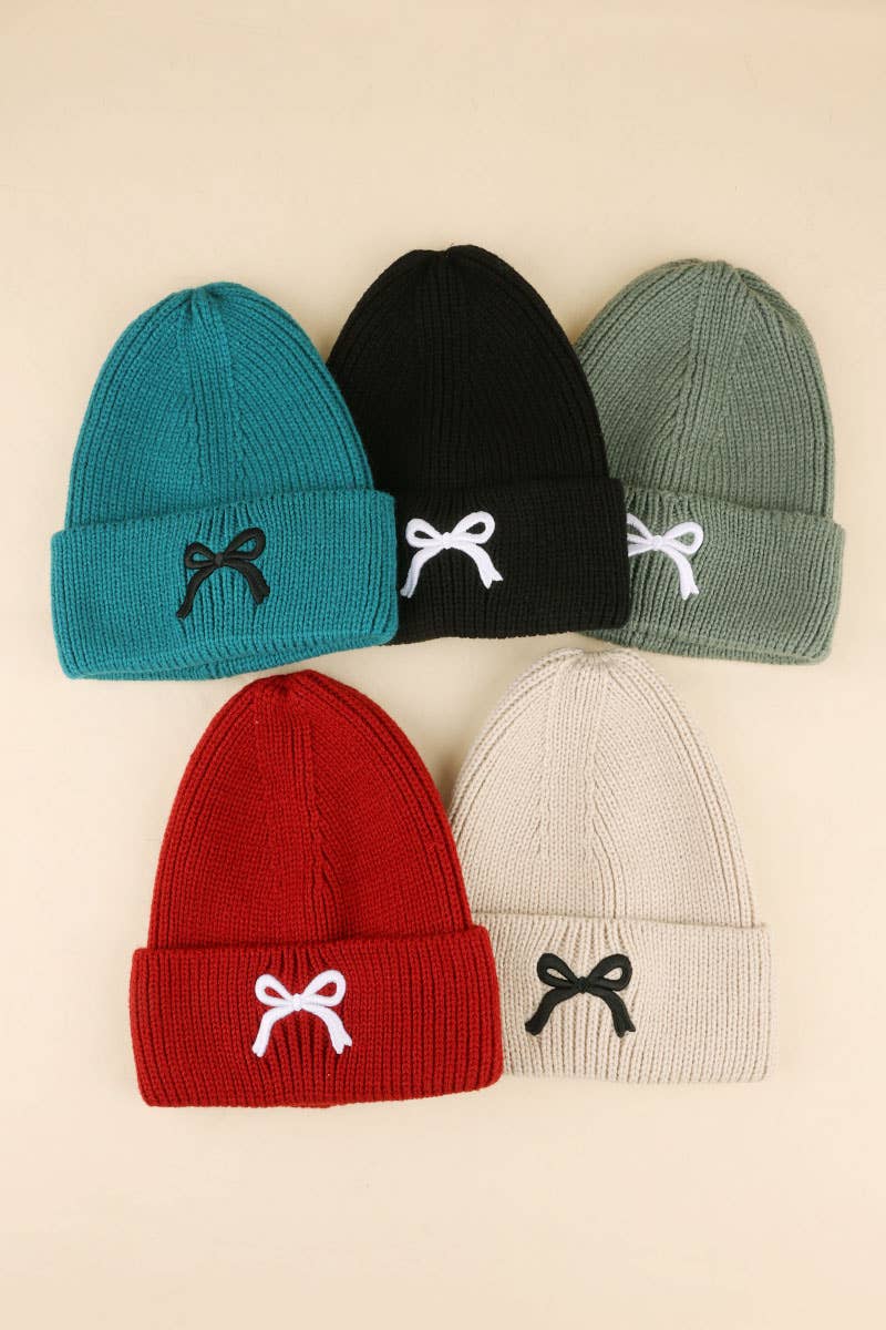Black Bow Embroidered Cuff Beanie