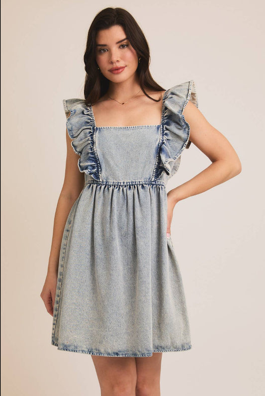 GILLI RUFFLE SLEEVE DENIM DRESS