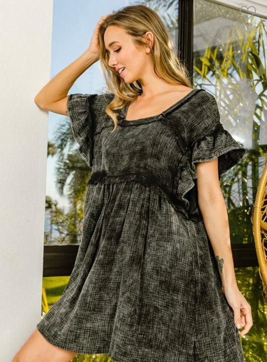 BIBI Mineral Washed Square-neck Ruffle Sleeve Dress