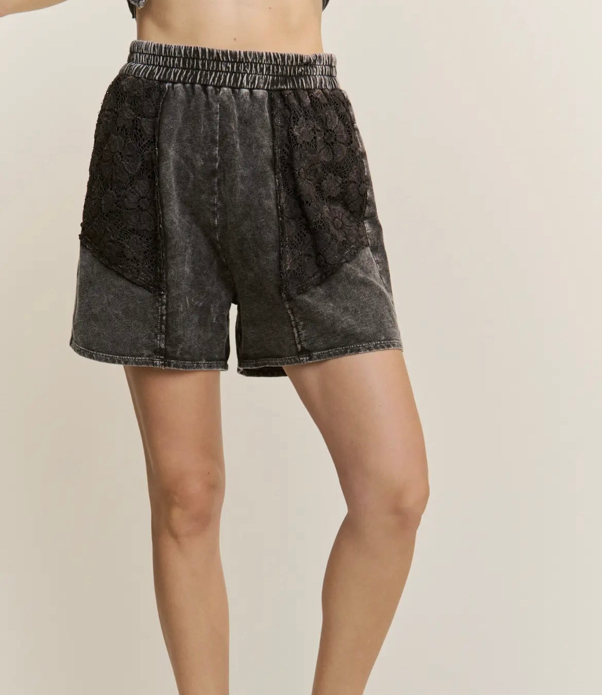 J. Her mineral washed Ash black floral lace short