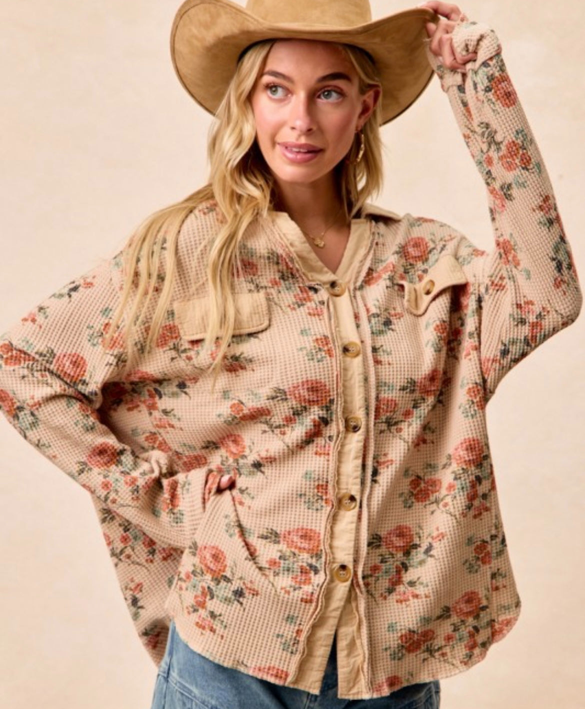 BIBI floral print waffle thermal shacket
