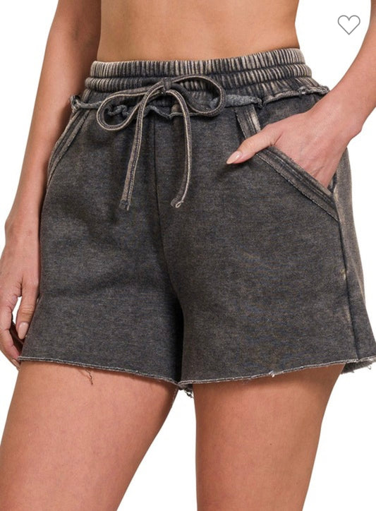 Zenana acid wash drawstring shorts
