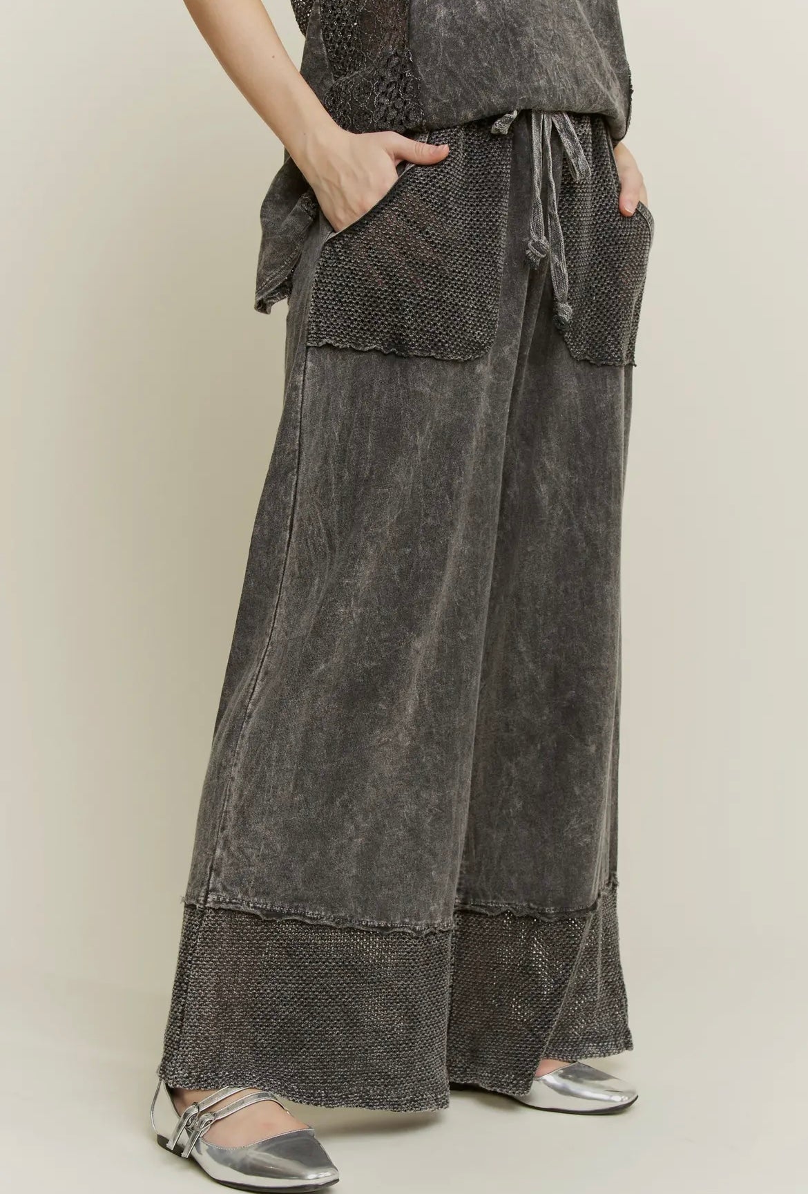 J. Her wide leg mineral washed ash black mesh Pants