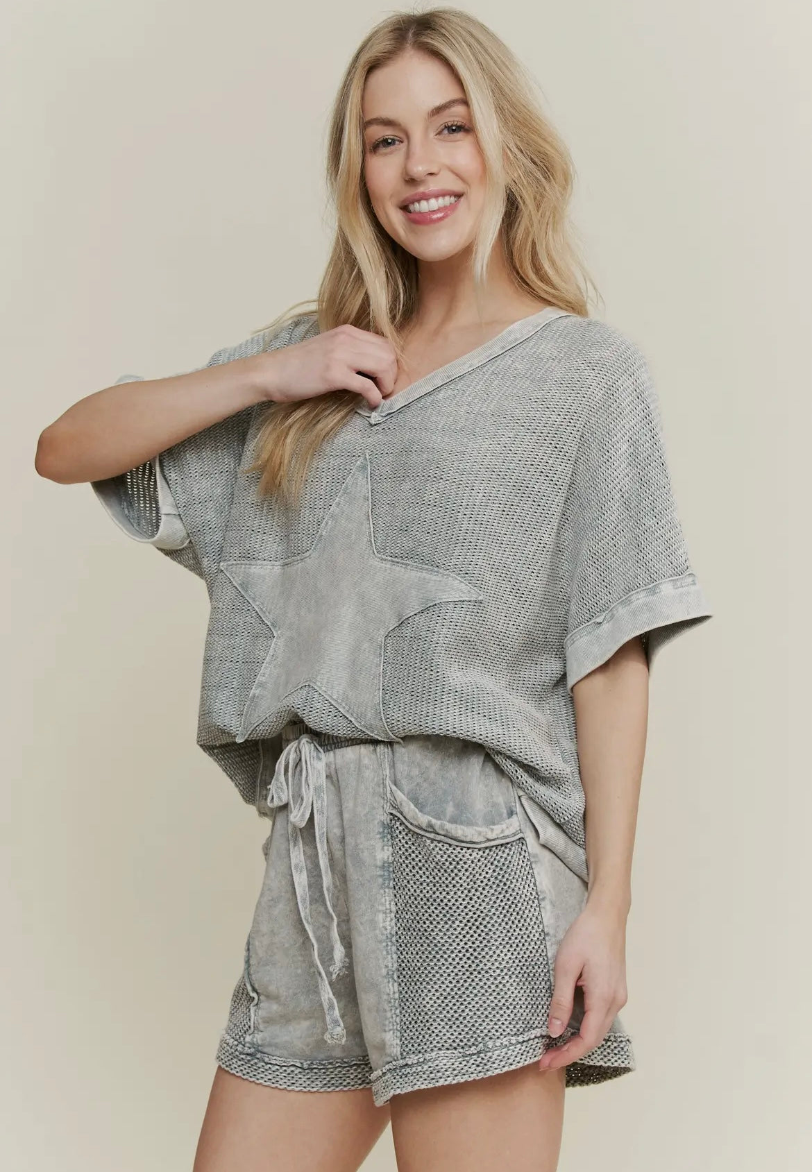 J. Her silver grey mineral washed star mesh top