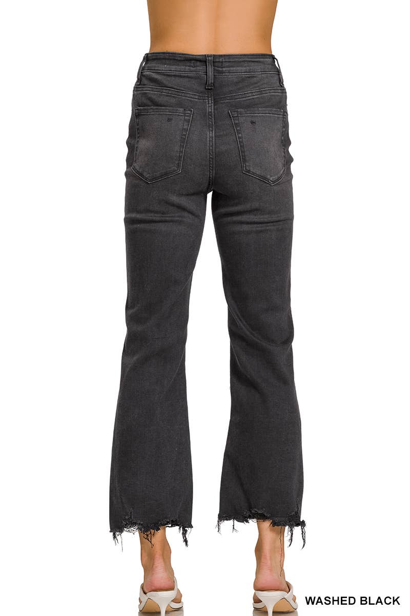 Zenana Black Washed Distressed Knee And Hem Pants